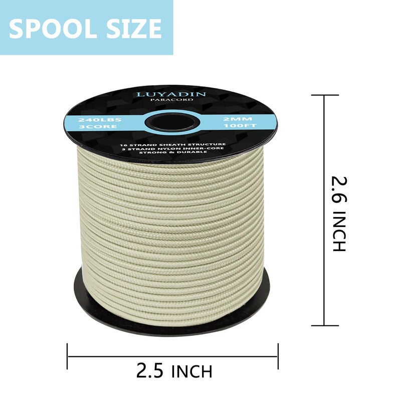 LUYADIN Paracord 240lb - Diameter 2mm Micro Utility Cord -3 Strand Parachute Spool Cord - 100ft 200ft,Paracord for Camping,Hiking,Fishing,Outdoor and DIY - Image 2
